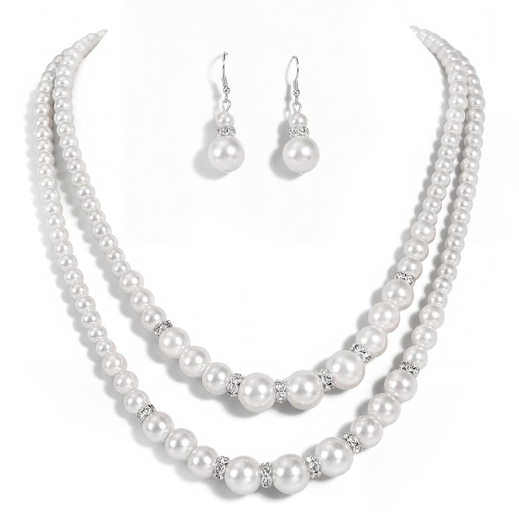 Unicra 1920s Gatsby Pearl Jewelry Set Vintage Crystal Bride Necklace Earrings Set Silver Pearl Multilayer Bridal Necklace Jewelry Accessories for