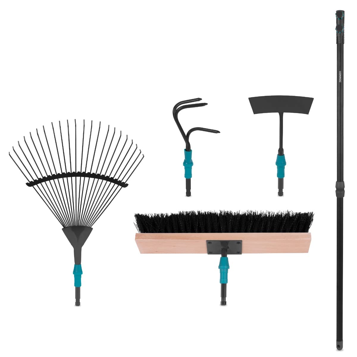 VONROC Juego de herramientas de jardinería 4 en 1, sistema V-Fix con rastrillo de hojas, escoba, azada y cultivador