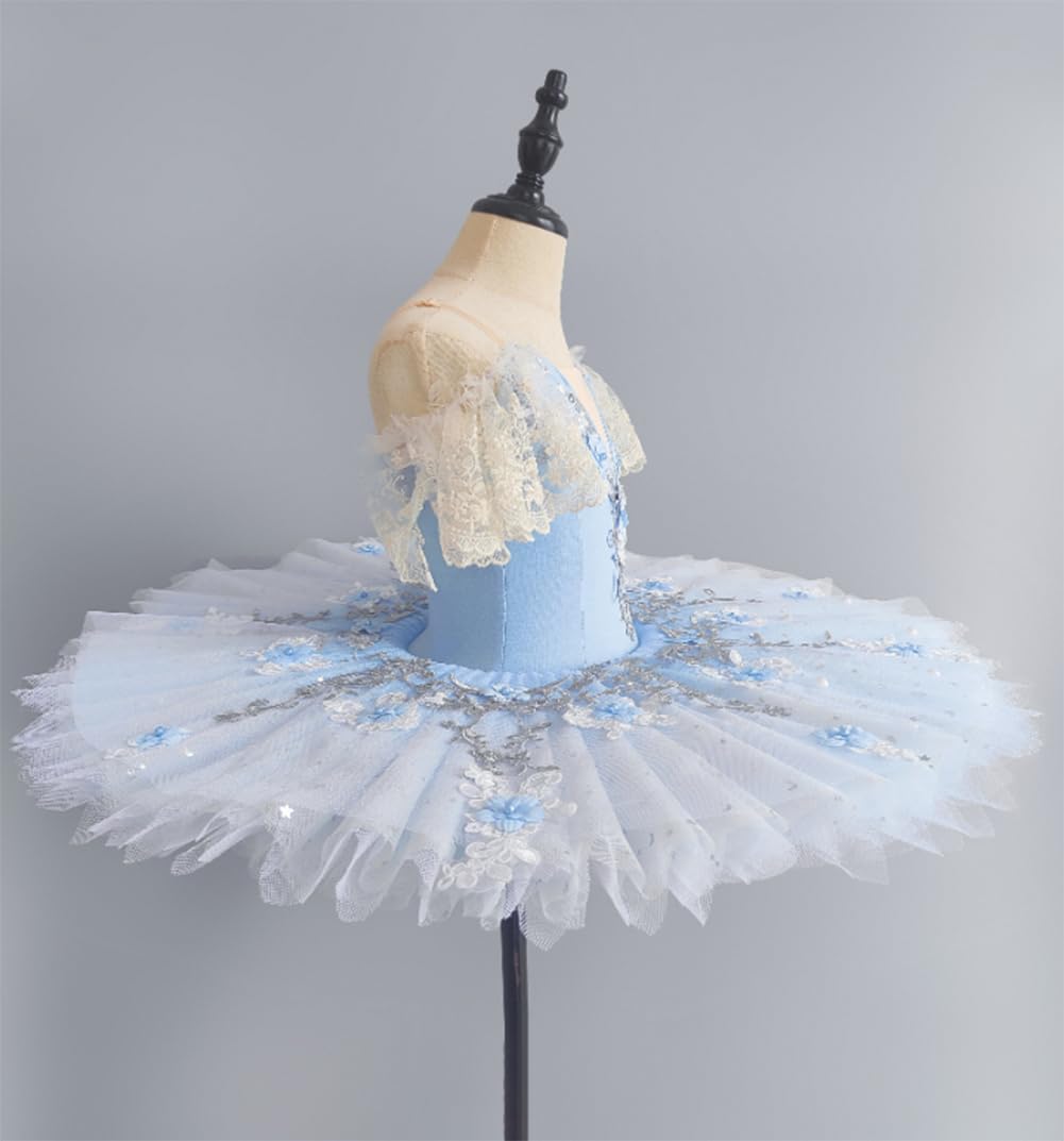 Leotardo de Ballet para niñas, Manga Corta Encaje Bordado Falda tutú de Tul Traje de competición de Danza del Lago de los Cisnes