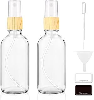 Tecohouse Glass Spray Bottles for Essential Oils, 4 oz Small Empty Refillable Sprayer Container with Wooden Top, Labels, Funnel, Lids, Pipettes - Pocket Size 2 Pack - Clear