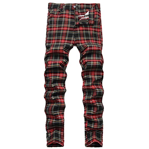 NOVOCCT Pantalones a cuadros para hombre, pantalones de vestir ajustados para hombre, elásticos, ajustados, informales, de negocios, para hombre, Cuadros negros y rojos - T5, 42