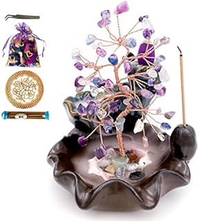 Lotus Fish Backflow Incense Burner with Colorful Fluorite Money Tree for Healing, Aromatherapy, Zen Meditation, Home Decoration