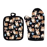 Cute Corgi Oven Mitts and Pot Holders 2pcs Set,Cute Animal Collage Heat Resistant Long potholders an