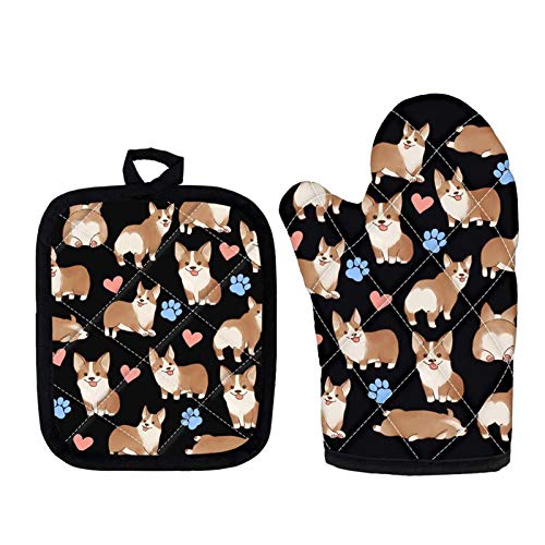 Cute Corgi Oven Mitts And Pot Holders 2Pcs Set,Cute Animal Collage Heat Resistant Long Potholders And Baking Gloves With Non-Slip Surface For Cooking, Bbq #TOP13