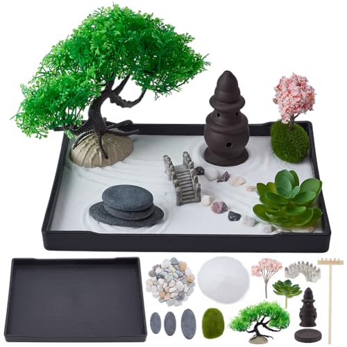 WEBEEDY Kit da giardino Zen per ufficio, set di mini vassoio di sabbia giapponese con vassoio da 21 x 15,7 cm, strumenti per rastrello e bruciatore di incenso ornamenti da ponte, decorazione da