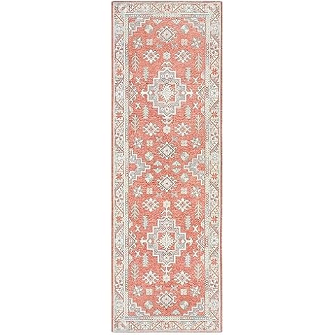 TOWN & COUNTRY LUXE Livie Forever Vintage Everwash™ Washable Multi-Use Decorative Rug, Kitchen Runner Rug, Low-Profile Door Mat, Bedroom Rug with Non-Slip Backing, Coral/Grey, 24"x72" Cover