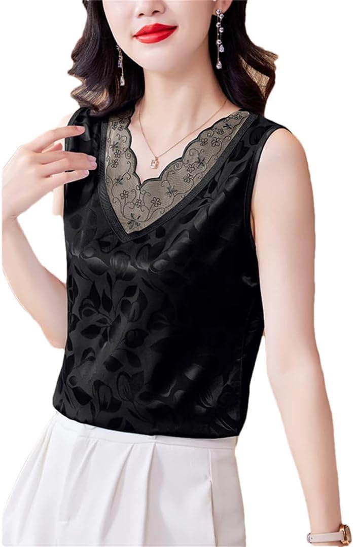 Satin Jacquard Tank Top Spring Summer Women's Lace Camisole V-Neck Vest Shirt