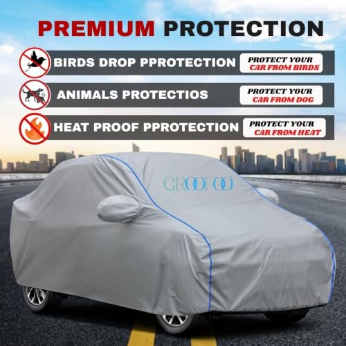 Image of GROOFOO Waterproof Car Body Cover with Mirror Pockets Compatible with Toyota Glanza | Triple Stitch Blue Piping Car Cover UV & Dust Proof All-Weather Protection, Adjustable Buckle (Grey)