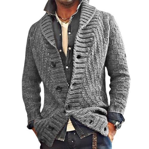 Mens Christams Sweater Vintage Shawl Collar Cardigan Sweater Slim Cable Knit Button Down Winter Chunky Ribbed Sweater