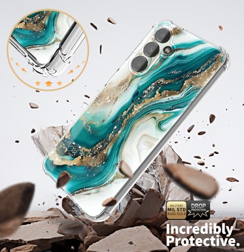 EMUYGIU for Samsung Galaxy S26 Case Flowers and Marble [Buffertech 6.285ft Military-Grade Drop Protection] [Anti Peel Off Tech] Clear TPU Bumper 5G Phone Cover Design (Green Gold with Holder) - image 4