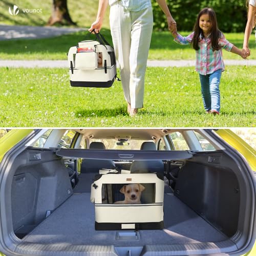 VOUNOT Hundebox faltbar, Transportbox Katze Hunde, Hundetasche, Oxford-Gewebe, Netzstoff, Atmungsaktiv, Transportabel, Metallrahmen, mit Griffen, Taschen, 50x35x36cm S, Beige