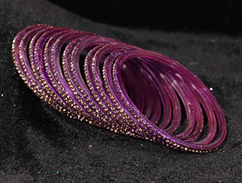 Image of NMII Glass with Zircon Gemstone and Beads Studdded Glossy Finished Traditional Bangle Set For Women and Girls