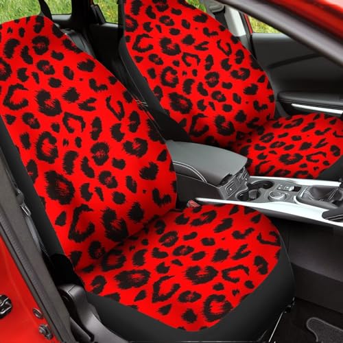 Image of Universal Fit Waterproof Car Seat Covers Set of 2 Front Seats Only, Red Leopard Print Vehicle Seat Protector, Fashion Cheetah Design