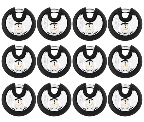 Image of SEDORTI 12-Pack Covered Keyed Alike Stainless Steel Disc Padlocks | For Storage Unit Gate Outdoor Locker Shed Fence, Round Lock with Rubber Bumper, Weather-resistant Storage Lock with Brass Key