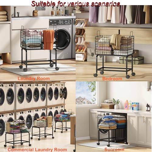 Image of Wire Laundry Hamper Cart,Rolling Laundry Carts with Pull Handle,Black Tall Laundry Basket,Commercial Wire Laundry Hamper Cart-23.6 * 15.75 * 28 inches