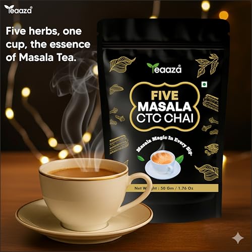 Image of Teaaza premium masala chai, Assam ctc tea blend with 5 natural ingredients- Black Pepper, Ginger, Cinnamon, Cardamom & Clove | Strong Indian Spiced Black / Milk Tea | Natural Ingredients, Bold Flavor -50g