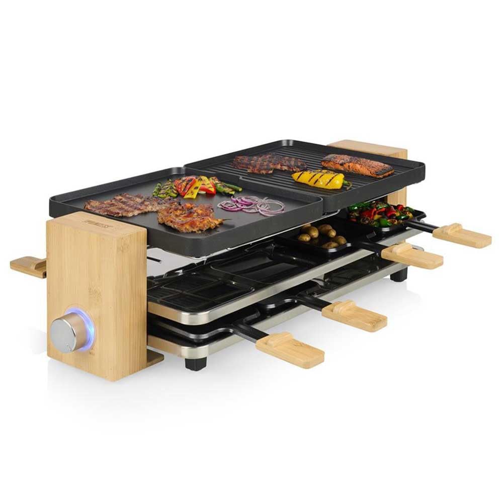 Princess 162918 Raclette Pure 8, 8 Osób, Odwracalne Płyty Do Grillowania, Powierzchnia 2 X 21 X 23 Cm, Regulowany Termostat, Naturalna Obudowa Bambusowa, 8 Patelni, 1300 W