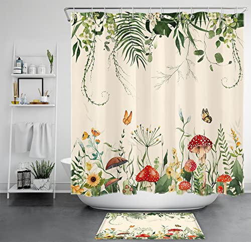 LB Sage Green Eucalyptus Leaf Shower Curtain Set, Red Mushroom Butterfly Yellow Floral Beige Waterproof Shower Curtains for Bathroom with Hooks, 71x71 inch Shower Curtain with 24x16 inch Bath Mat