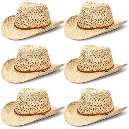 Unittype 6 Pcs Western Cowboy Straw Hats Shapeable Handmade Woven Sunscreen Beach Hat For Women Men Outdoor Seaside (Beige) #TOP23