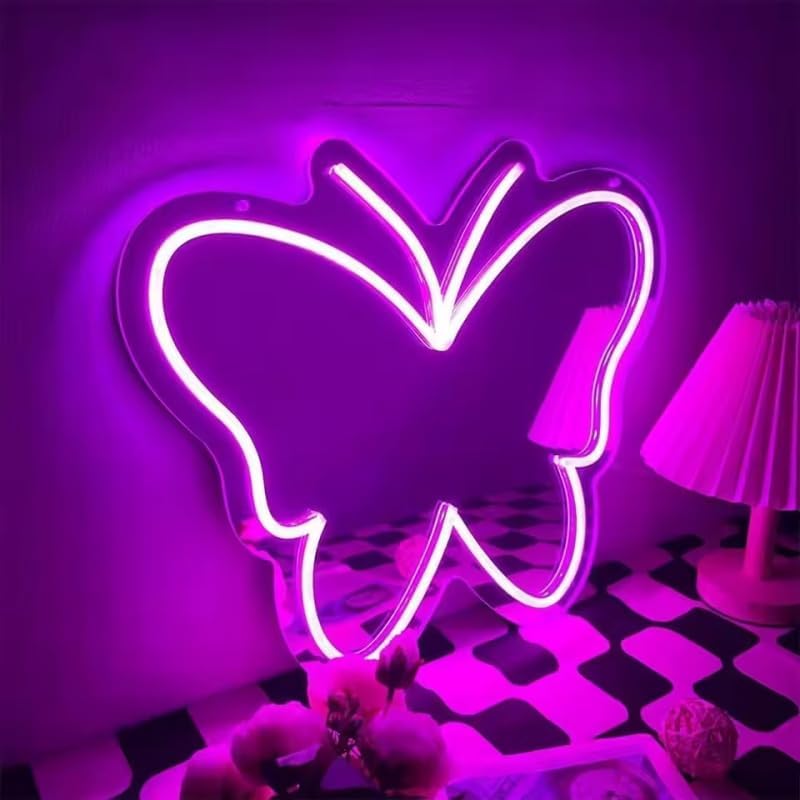 Butterfly Mirror Neon Sign Led Butterfly Lights Dimmable USB Pink Wall Mirror Neon Light for Living Room Bathroom Bedroom,Christmas Birthdays Gifts for Girls Women