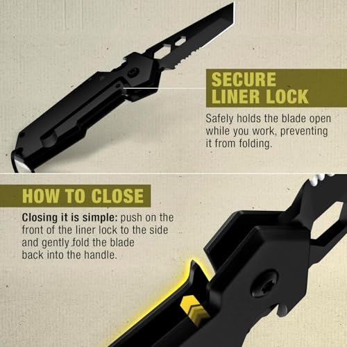 Image of Mini Keychain Knife with Carabiner - 1.3 inch Tanto Serrated Blade - 6 in 1 Black Multitool - Bottle Opener Box Cutter Liner Lock - EDC Gadgets - Legal Folding Small Pocket Knives for Men Women 2248 MB