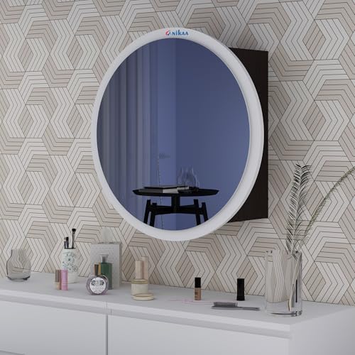 Image of Anikaa Eilish Mirror Cabinet | Wall-Mounted Round Mirror with Hidden Storage | Ideal for Bedroom, Bathroom & Entryway | Wenge /White(20x20x17 Inches)