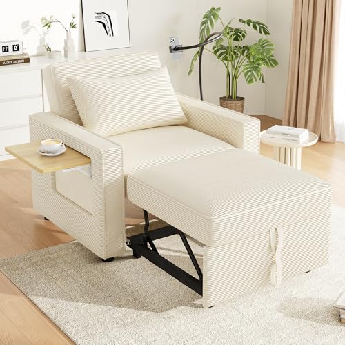 YAIXBNG Sofá cama plegable multifuncional con puerto de carga USB y soporte para teléfono móvil, 1 plaza, sofá cama convertible, ahorra espacio para salón y dormitorio, tela de pana, beige