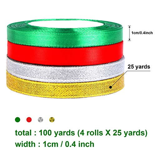 Decyool 4 Rolls 100 Yards Christmas Ribbons Metallic Glitter Fabric Holiday Festival Satin Ribbons 10Mm Wide For Gift Wrapping Decoration #TOP1