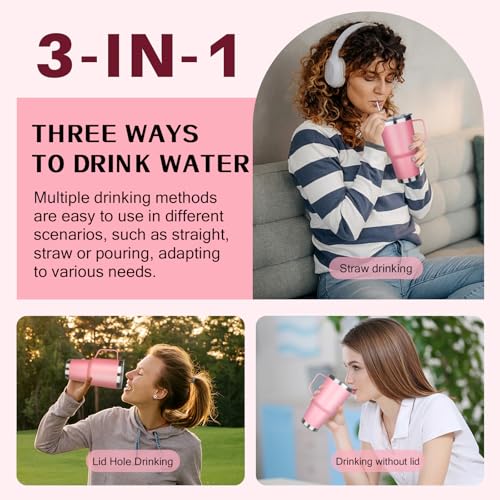 Image of 30 oz Tumbler with Handle, Stainless Steel Insulated Tumbler with Lid and Straw, Double Wall Vacuum Insulated Coffee Mug Tumbler, Insulated Coffee Thermal Cup for Cold and Hot (Pink)
