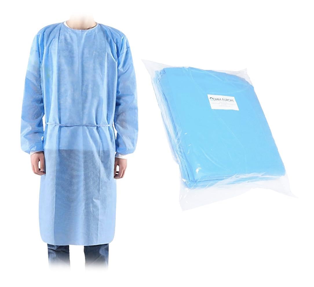 100 x cubrebata desechable médica repelente 25GSM – 100% polipropileno no tejido – Talla única CE – Bolsa de 10 unidades – Protección categoría I – Calidad profesional – Azul – DMM-EUROPE