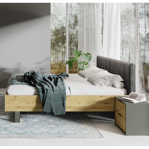 Lomadox Bett 160x200 cm mit 2 Nachttischen Schlafzimmer Set Bettgestell mit Nachtschränkchen modern in Eiche mit gepolstertem Kopfteil