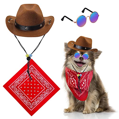 Pet Cowboy Costume Accessories, Dog Cowboy Hat Bandanna Scarf Sunglasses, Christmas Cowboy Costume Set for Puppy Kitty, Costume Accessories for Small Medium Large Dog Cat Set of 2 by Hermard