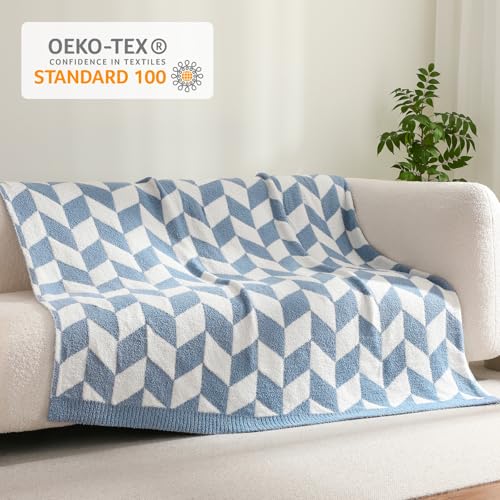 Image of Snuggle Sac Twin Size Blue Blankets for Bed, Super Soft Warm Blankets Oversized Cozy Knit Fuzzy Blanket for Living Room, Chevron Blue,60x80 inches