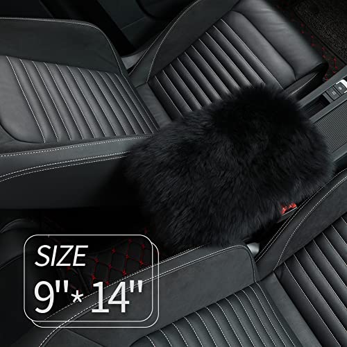 Image of IRIWOOL Sheepskin Armrest Cover Auto Center Armrest Cover Car Soft Console Pad, Fluffy Wool Auto Center Console Cover for Most Car Arm Rest Decoration Protector 9 x 14 Inch (Long Wool, Black)