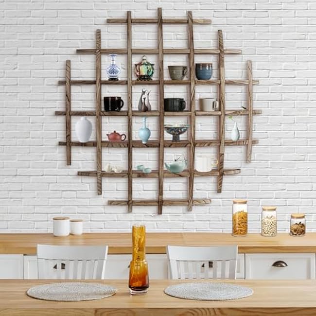 Wood Teapot Display Wall Decoration - 39 x 39 Brown Wall Mounted Sphere Solid Wooden Mug Cup Holder Display Shelf for Home Office Decoration