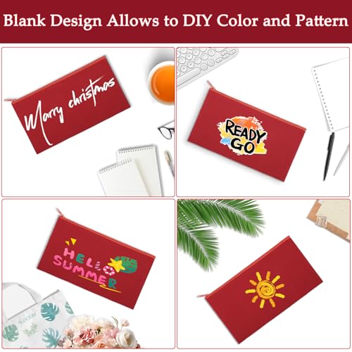 Image of 12 Pieces Cotton Canvas Makeup Bag, Multipurpose Cosmetic Bag with Zipper Travel Toiletry Pouch, Blank DIY Craft Bag (Red, XL)