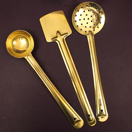 Image of Putrika Brass Ladle|Pital Karandi|Dosa Karandi|Kuli Karandi|Jali Karandi|Cooking and Serving Ladle|Kitchenware|Brass Cookware Ladle Set of 3 (Medium-Karandi Set)