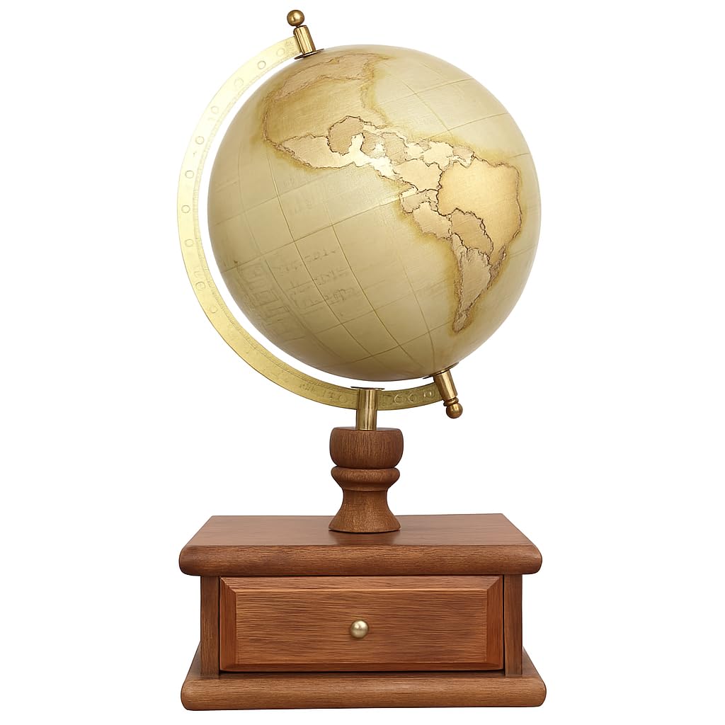 Gold Foil Stamp Map With Cream Texture Decorative Spinning World Globe With Wooden Storage Drawer For Home & Office Decor/Gift Item/Student Globe(Dia-8 Inch,Gold and Cream)