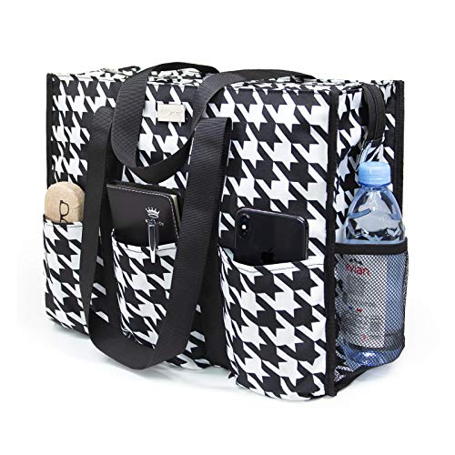 TOPDesign Utility Water Resistant Tote Bag with 13 Exterior & Interior Pockets, Top Zipper Closure & Thick Bottom Support, for Working Women, Teachers, Nurses, Accountants (Houndstooth)