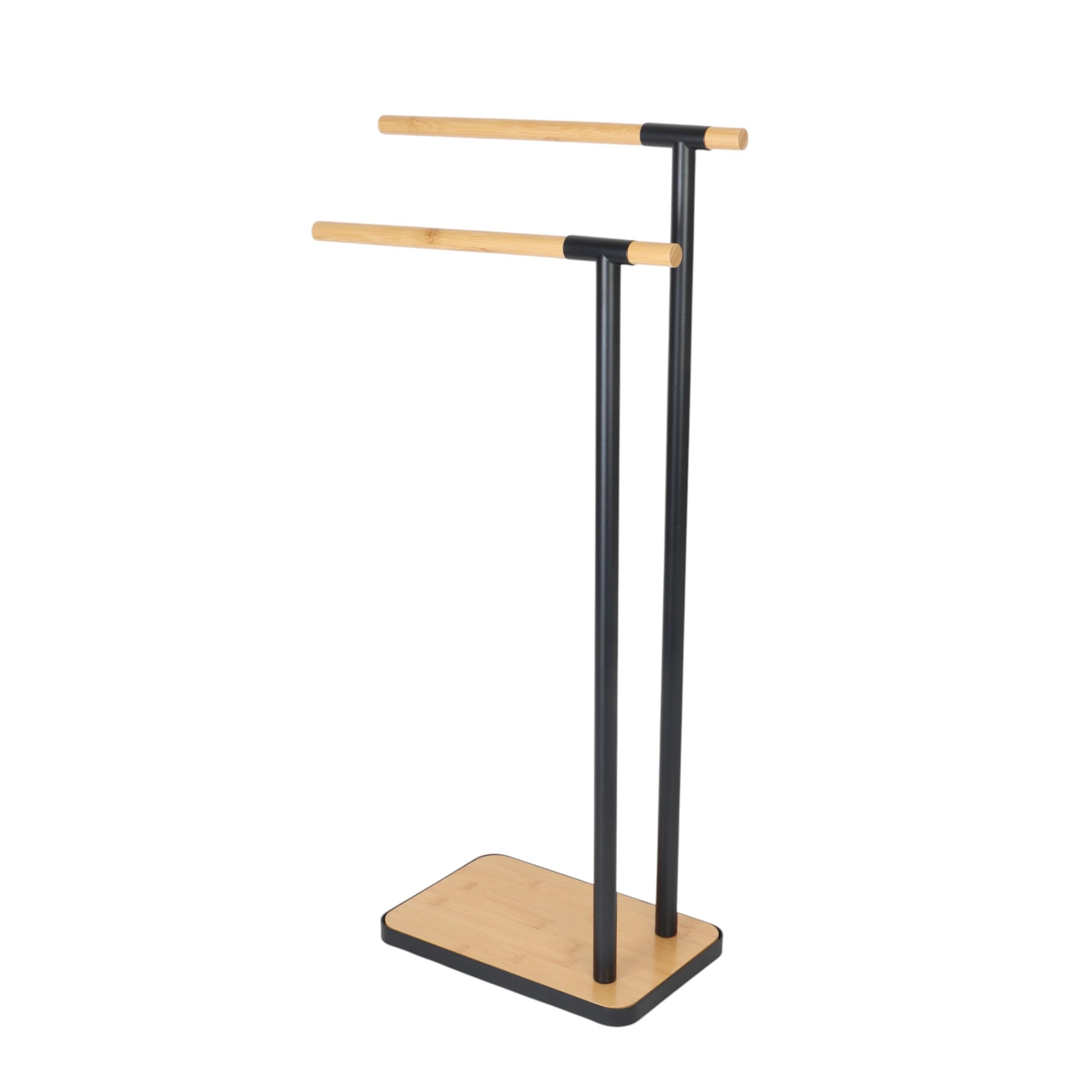 Relaxdays Towel Rack, Freestanding, Stand with 2 Rails, for Hand & Bath Towels, Bathroom, Steel & Bamboo, Natural/Black