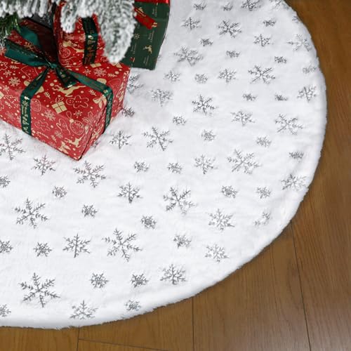 Vonhen 60 Inch Faux Fur Christmas Tree Skirt, Silver Snowflake