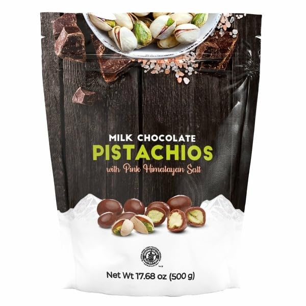 CHOCOLATE PISTACHIOS, MILK CHOCOLATE (SUGAR, COCOA BUTTER, UNSWEETENED CHOCOLATE, SKIM MILK POWDER, BUTTEROIL, SOY LECITHIN [EMULSIFIERS], NATURAL VANILLA EXTRACT), ROASTED PISTACHIOS, TAPIOCA STARCH, SUGAR, CONFECTIONER'S GLAZE, VEGETABLE OIL, PINK HIMALAYAN SALT. [ 17.68 oz , 1.1 pound ]