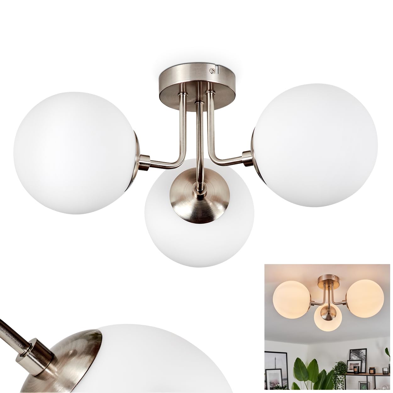 Hofstein Light Ceiling Cabalonga, Modern Ceiling Lamp Made Of Metal/Glass In Matt Nickel/Milk Glass, Luminaire In Modern Design With Glass Shades (Ø 15 Cm), 3-Flame, 3 X E14, Without Bulbs
