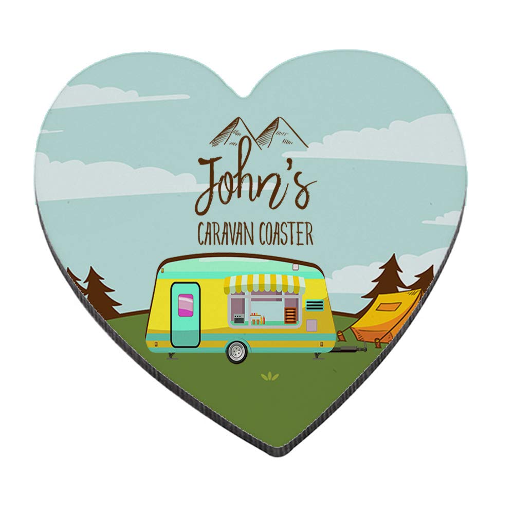 Personalised with Any Name Caravan Tableware, Coffee/Tea/Drink Coaster, Present for Him or Her, Happy Campers, Friend, Family, Birthday, Vacation, Holiday. (Heart Shaped Coaster)