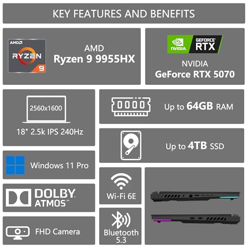 Image of ASUS ROG Strix G18 G814 Gaming Laptop | 18 inch 2.5k (2560x1600) 240Hz (100% DCI-P3) | AMD 16-core Ryzen 9 9955HX (>i9-14900HX) | 32GB DDR5 2TB SSD | GeForce RTX 5070 | RGB Backlit Win11 w /DLCA Accessory