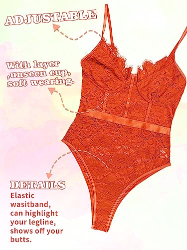 Popiv Women Lace Lingerie Bodysuit Set Sexy Corset Teddy Lingerie Tops Snap Crotch Body Suit Neon Orange #TOP3
