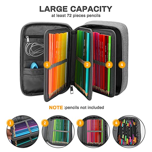 Image of Number-one Large Capacity Pencil Case, 72 Slots Colored Pencil Pouch Bag Portable Pencil Holder Stationery Organizer with Compartments for Office and Travel, Grey