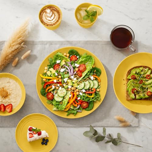 Image of 40 Piece Wheat Straw Dinnerware Sets for 8, Unbreakable Dish Set, Plates and Bowls Sets for 8, Lightweight Kitchen Dishware Set for Camping, Picnic, and Famliy Everyday Use - Yellow