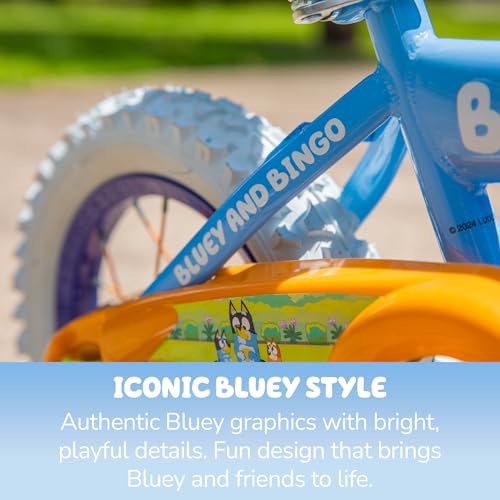 Image of Bluey 12 Inch Kids Bike by Dynacraft for Boys and Girls with Training Wheels, Coaster Brake, Sturdy Frame, Easy Assembly, Fun Bluey Design, Beginner Toddler Bicycle