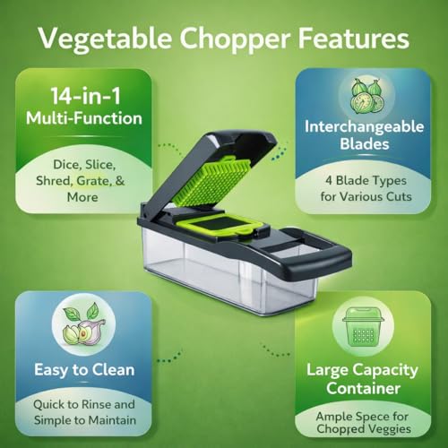 14-in-1 Vegetable Chopper with Container & Dicer | Onion & Salad Chopper, Mandoline Slicer, Cheese Grater & Veg Cutter | Kitchen Gadgets 2026 - Image 5